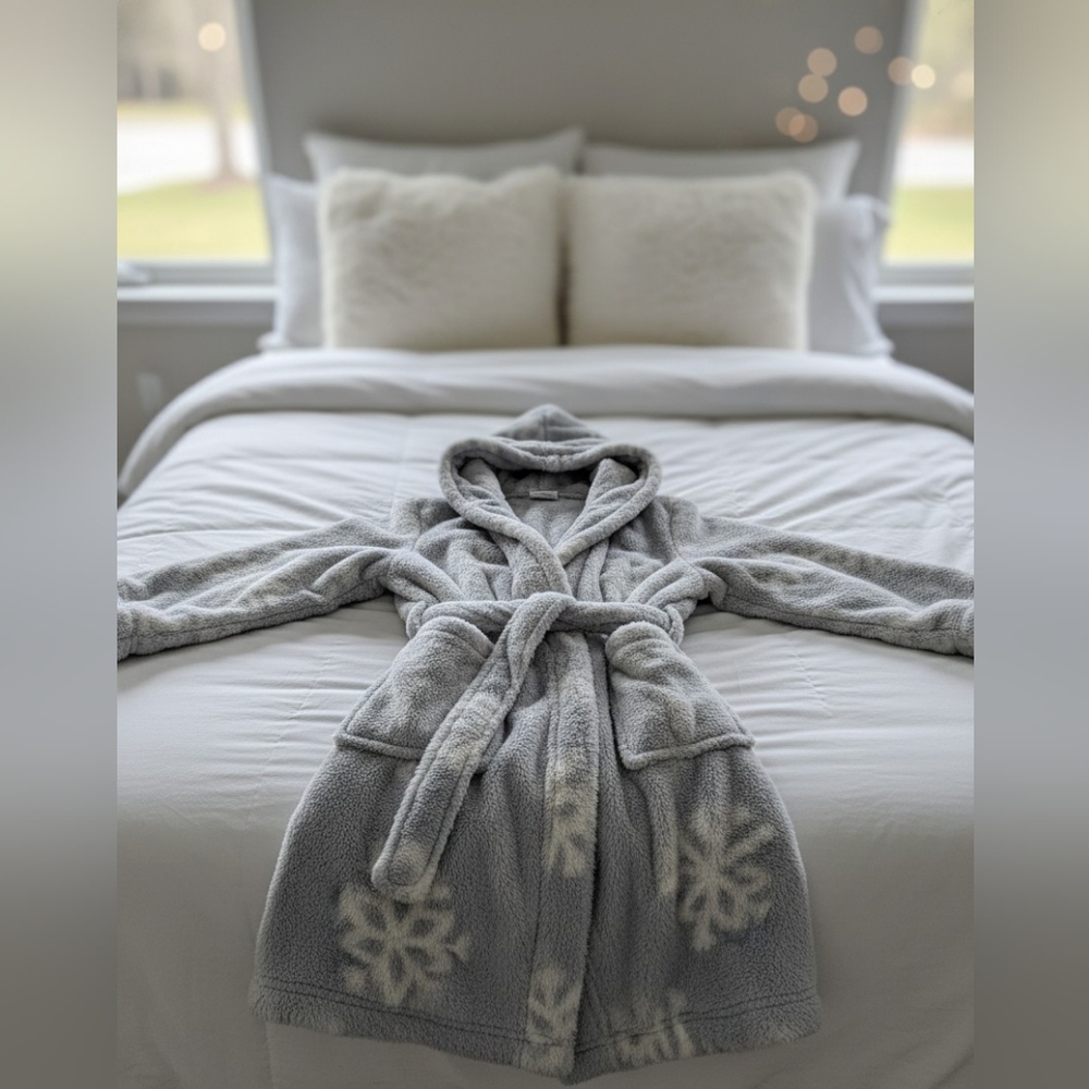 Cozy Gray Snowflake Robe With Headband Set For Kids, Comes In Size XS/S